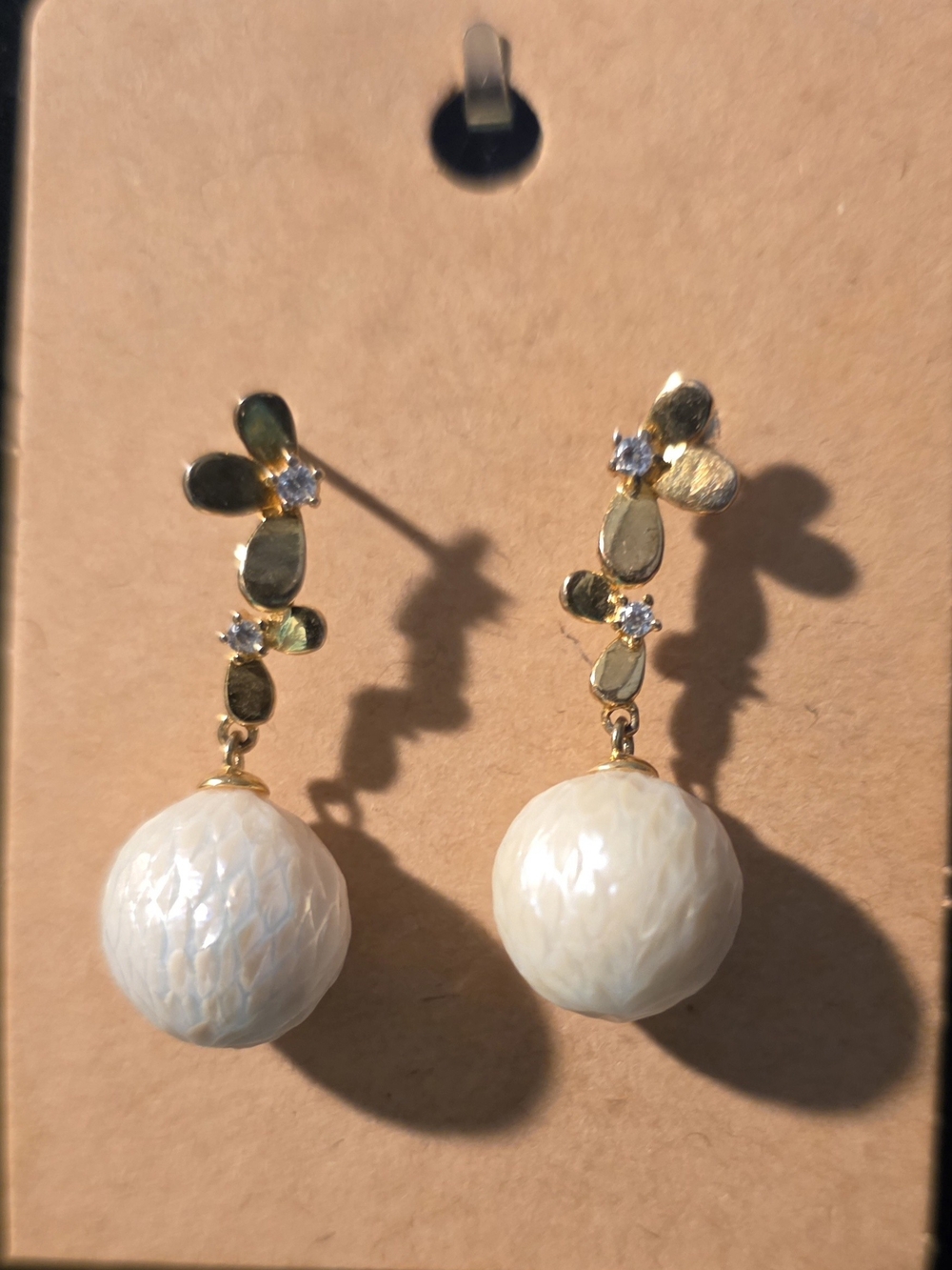 Gold Floral Drop Earrings with White Pearls